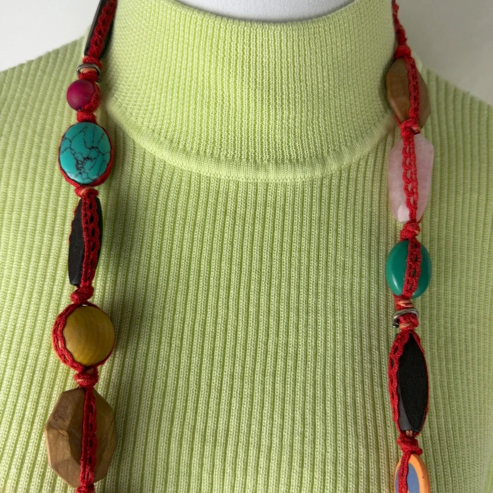 Lucky Brand Red Crochet Long Necklace Multi Color Mixed Media Beads Peace 38